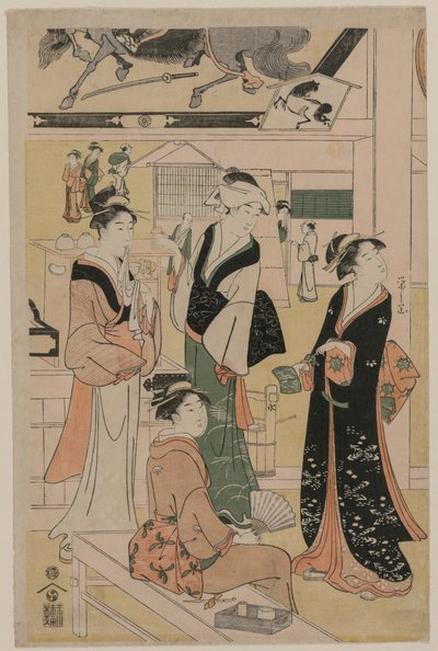 Donne che visitano una bancarella di tè nei pressi di un tempio da Chobunsai Eishi
