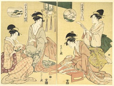 Evocatore di spiriti; oche selvatiche che ritornano a casa (Maboroshi; Rakugan) (a destra) e un sottile velo di nuvole; tempo che si rasserena (Usugumo; Seiran) (a sinistra), dalla serie Otto vedute del Racconto di Genji nel mondo fluttuante (Ukiyo Genji da Chobunsai Eishi