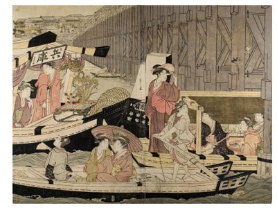 Scena del fiume Sumida (da un pentapinto) da Chobunsai Eishi