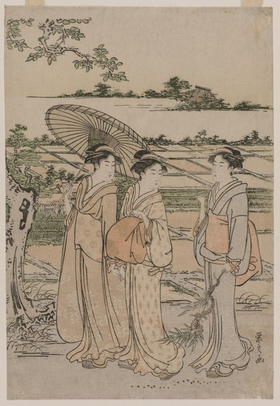 Tre donne che passeggiano in campagna da Chobunsai Eishi