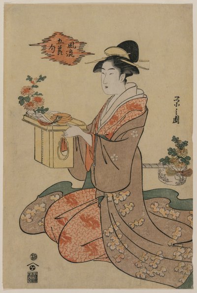 Donna che Tiene un Supporto di Legno Decorato con Crisantemi..., metà 1790s da Chobunsai Eishi