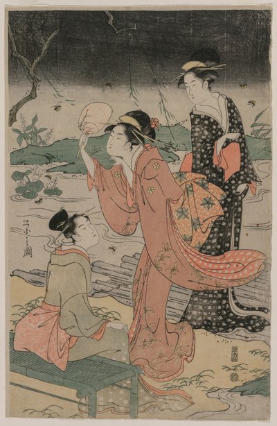 Donne accanto a un ruscello che inseguono lucciole, metà anni 1790 da Chobunsai Eishi