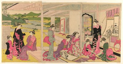 Donne che Guardano Dipinti a Rotolo degli Dei della Fortuna da Chobunsai Eishi