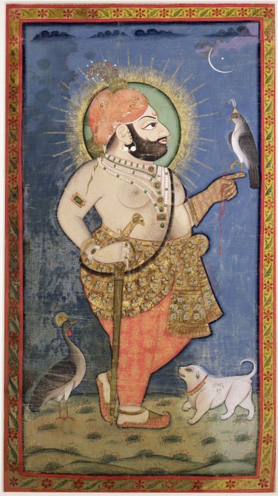 Maharana Bhim Singh di Mewar con un falco, Udaipur (Mewar) Rajasthan, c.1805 da Chokha