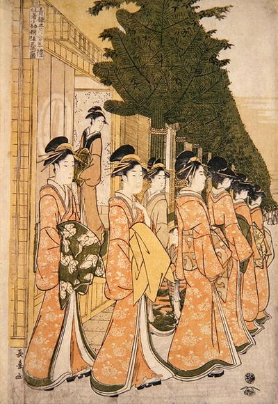 Parata di Capodanno delle bellezze delle case verdi (stampa a blocchi di legno a colori) da Choki Eishusai