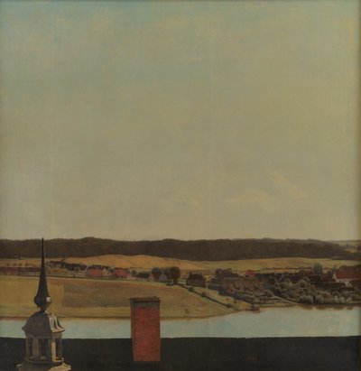 Cresta del tetto del Castello di Frederiksborg con vista sul lago, città e foresta da Christen Købke