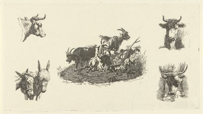 Tre capre con teste di mucche e asini ai lati da Christiaan Godfried Schutze van Houten