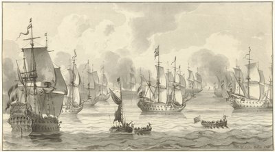 Veduta marina con flotta da guerra da Christiaan Josi