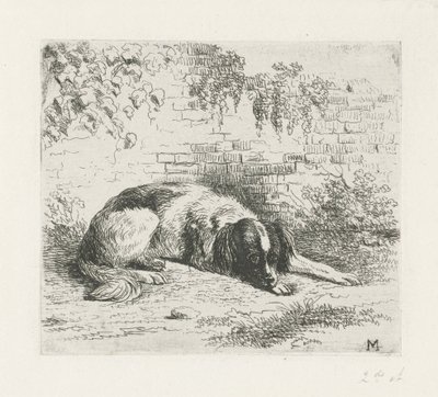 Cane sdraiato davanti a un muretto da Christiaan Wilhelmus Moorrees