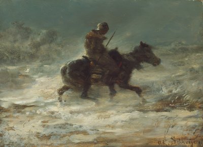 Uomo con lancia che cavalca nella neve da Christian Adolf Schreyer