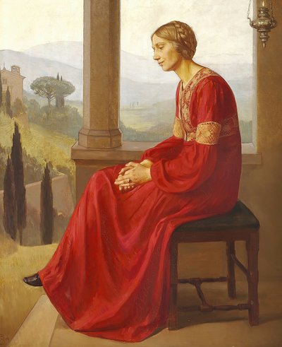 Una donna in un vestito rosso seduta su una terrazza in un paesaggio italiano da Christian Bang