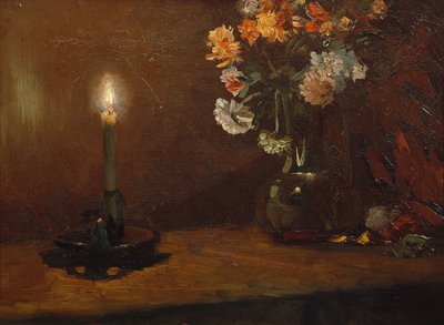 Composizione con candela e fiori in vaso da Christian Eriksen Skredsvig