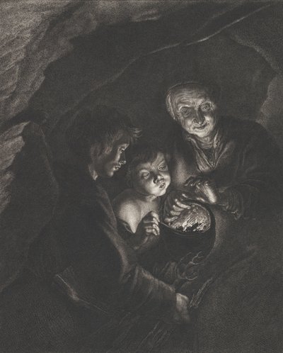 Scena notturna in una grotta con una vecchia che tiene carboni ardenti in una pentola, un ragazzo che soffia, ca. 1750-57 da Christian Friedrich Boëtius