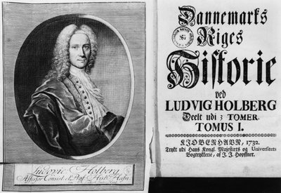 Barone Ludvig Holberg e la pagina del titolo del Volume I della sua Storia della Danimarca, pubblicata a Copenaghen, 1732 da Christian Friedrich Fritzsch