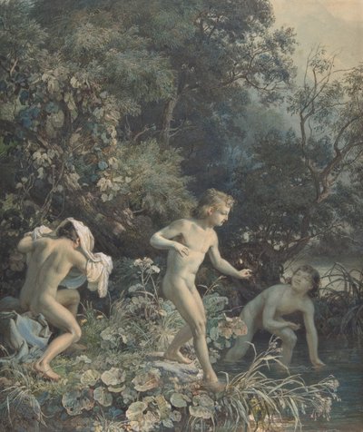 Riva del fiume con tre ragazzi che fanno il bagno da Christian Friedrich Gille