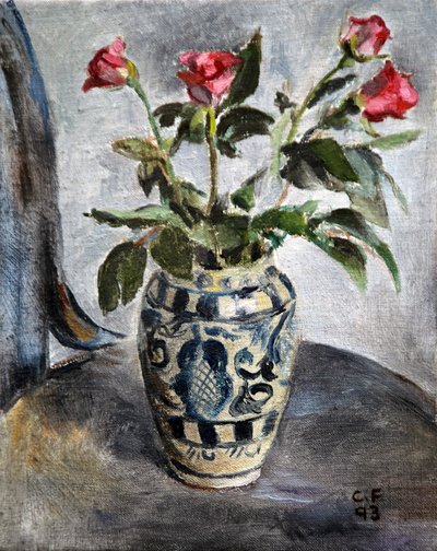 Rose rosa in un vaso dipinto da Christian Furr