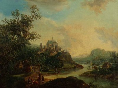 Vista del Reno con Figure in Primo Piano e una Città Fortificata su una Collina da Christian Georg II Schutz or Schuz