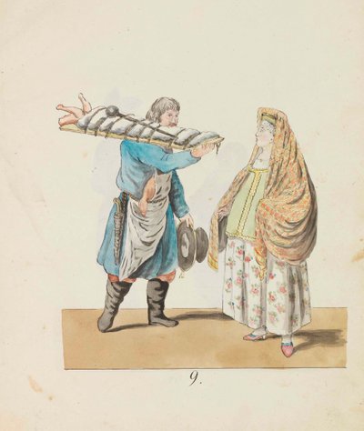 Macellaio con maiale sul tavolo e donna mercante, dalla serie San Pietroburgo, 1799 da Christian Gottfried Heinrich Geissler