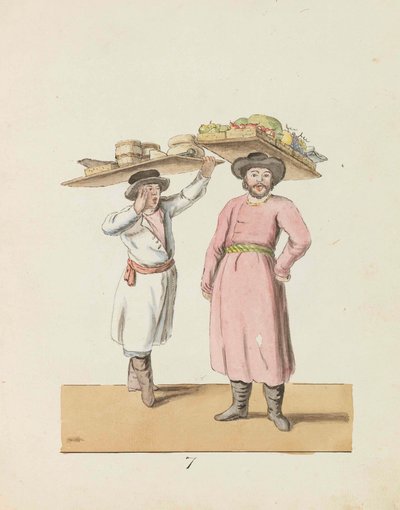 Venditore di frutta e contadino che vende formaggio e aringhe dalla serie San Pietroburgo, 1799 da Christian Gottfried Heinrich Geissler