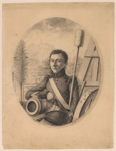 Ritratto di un giovane militare, kepi nella mano destra, appoggiato a un cannone (autoritratto?) da Christian Heinrich Gottlieb Steuerwald