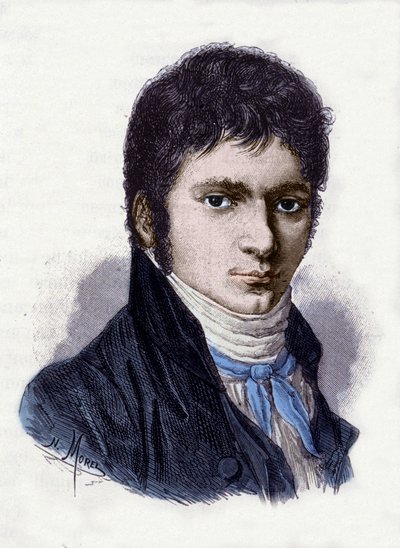 Ludwig van Beethoven (1770-1827), musicista tedesco, nel 1802. Incisione di Morel da una miniatura di Horneman da Christian Hornemann