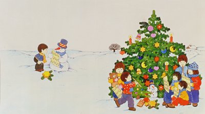Cantanti di carole davanti a un albero di Natale da Christian Kaempf
