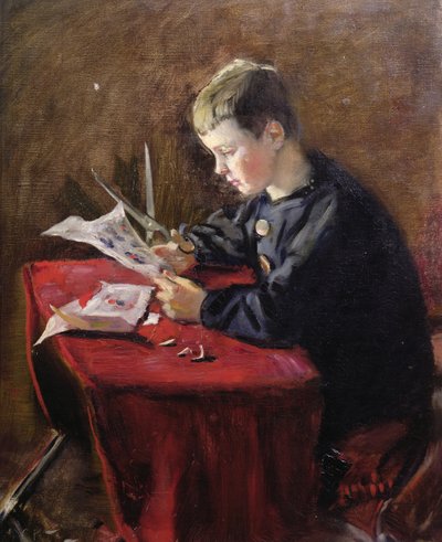 Ragazzo che taglia decorazioni natalizie da Christian Krohg