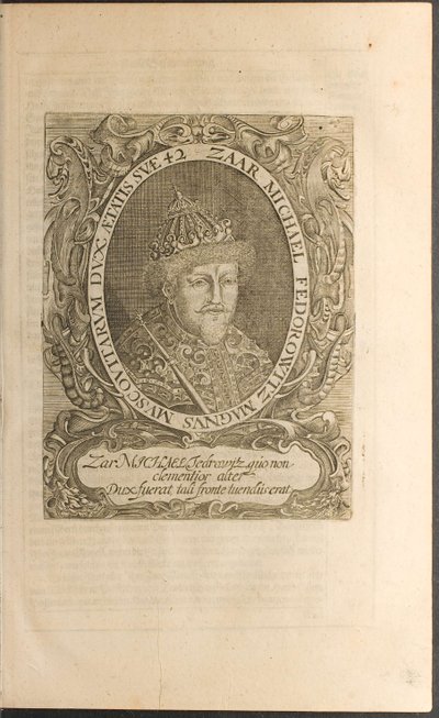 Ritratto dello Zar Michail I Fyodorovich Illustrazione da Viaggi al Gran Duca di Moscovia da Christian Lorenzen Rothgiesser