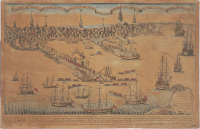 Veduta di una parte della città di Boston nel New England e delle navi da guerra britanniche che sbarcano le loro truppe! da Christian Remick