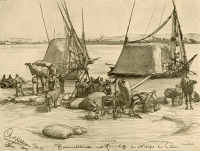 Caricamento del cotone su barche di grano, Fiume Nilo, Il Cairo, Egitto, 1898 da Christian Wilhelm Allers