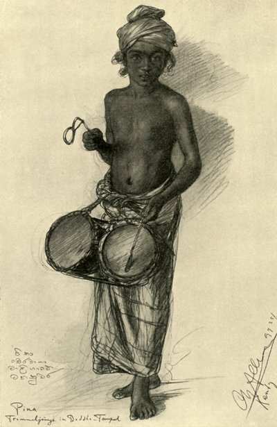 Pina - tamburino in un tempio buddista, Kandy, Ceylon, 1898 da Christian Wilhelm Allers