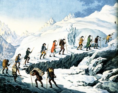 Seconda ascensione del Monte Bianco di Horace-Benedict de Saussure agosto 1787, incisione colorata di Marquardt Wocher pubblicata nel 1790 da Christian von Mechel