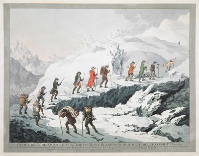 Horace Bénédict de Saussure e le sue guide attraversano un ghiacciaio del Monte Bianco (incisione) da Christian von Mechel