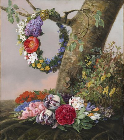 Un mazzo di fiori ai piedi di un albero. Su un ramo pende una ghirlanda di fiori da Christine Løvmand