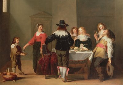 Interno di una guardia con soldati che mangiano e bevono in compagnia femminile, 1639 da Christoffel Jacobsz van der Lamen