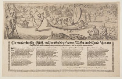 Broadside con una chiatta che naviga sul ghiaccio da Christoffel van Sichem I