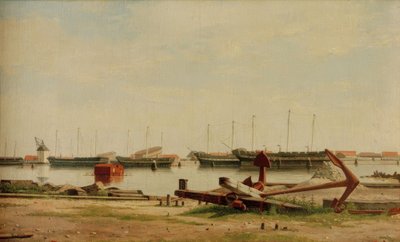 Vista su Nyholm con gru e navi da guerra da Christoffer Wilhelm Eckersberg