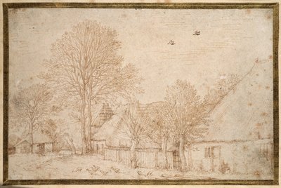 Edifici di paglia, alberi quasi spogli e uno stormo di oche da Kosma Sergejewitsch Petrow Wodkin