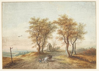 Paesaggio con alberi intorno a una strada di campagna e una cappella da Christoph Ludwig Agricola