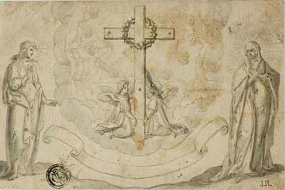 La Vergine Maria e San Giovanni Evangelista osservano la visione della Croce sorretta da due angeli da Christoph Schwarz
