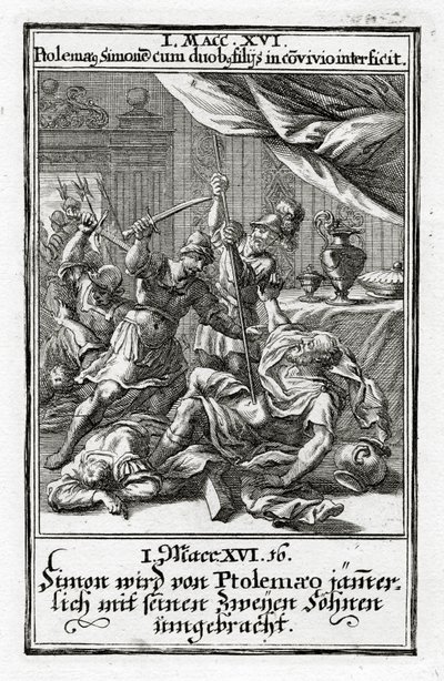 Simone e i suoi due figli uccisi da Tolomeo. 1 Maccabei 14:16, 1695 da Christoph Weigel
