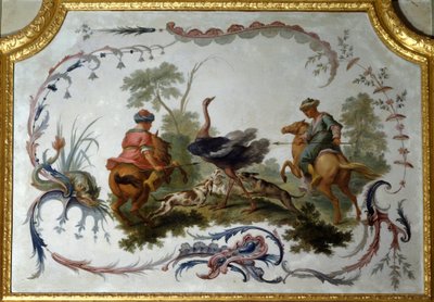 Caccia agli struzzi, pannello del grande salone del castello di campi su marl. Decorazione murale dipinta da Christophe Huet da Christophe Huet