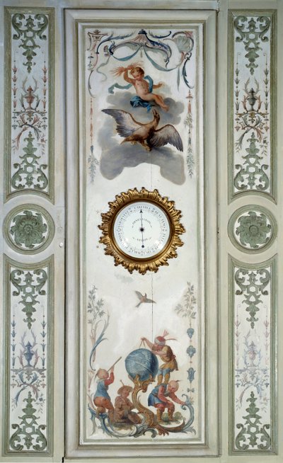 Pannello del grande salone del Castello di Champs sur Marne con barometro e chinoiserie da Christophe Huet