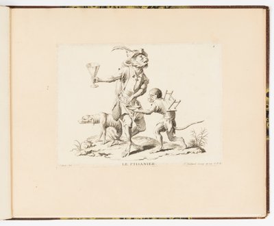 Tavola 4, La Ptisanier (Il Venditore di Tisane), Singeries ou différentes actions de la vie humaine représentées par des singes (Buffonate o Diverse Azioni della Vita Umana Rappresentate da Scimmie) da Christophe Huet