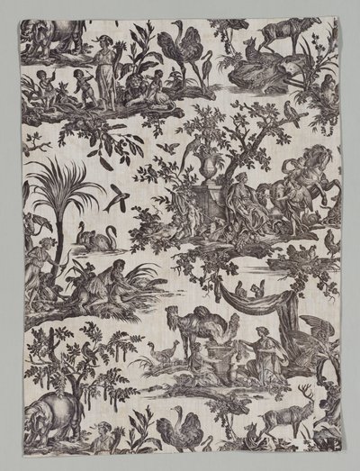 Frammento di cotone stampato con il design Les quatres parties du monde, 1788 da Christophe Philippe Oberkampf