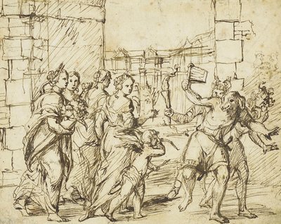 La Festa dei Lupercali a Roma: Cupido e le personificazioni della fertilità incontrano i Luperci vestiti da cani e capre da Circle of Adam Elsheimer