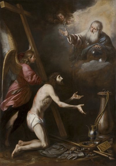 Spagnolo: Cristo flagelado arrodillado ante Dios Padre (Cristo flagellato in ginocchio davanti a Dio Padre) da Circle of Antonio del Castillo y Saavedra