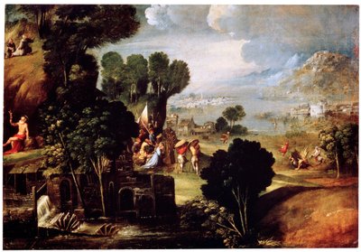 Paesaggio con scene dalle vite dei santi, c1530 da Circle of Dosso Dossi