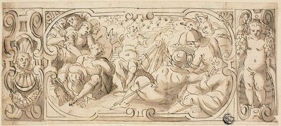 Progetto di fregio decorativo con Giuseppe che interpreta il sogno ai fratelli da Circle of Giovanni Battista Castello