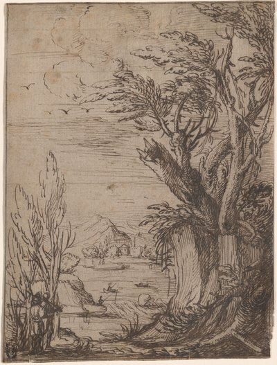 Paesaggio con alberi nodosi e pescatore da Circle of Jacques de Gheyn